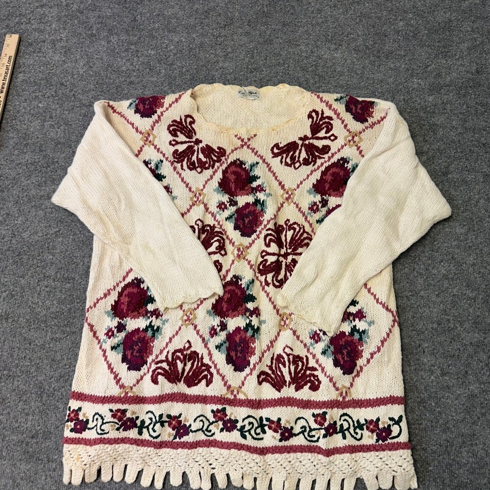 Extra Point Sweater Womens Size 3X Cream Ramie Cotton Floral Knit Fringe Vintage